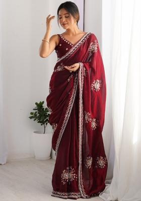 Wine Embroidered Fendy Satin Saree Set