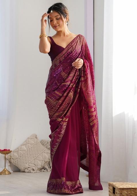Wine Embroidered Georgette Saree Set