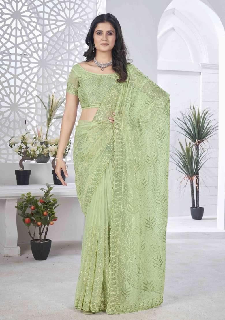 Green Embroidered Net Saree Set - Indya