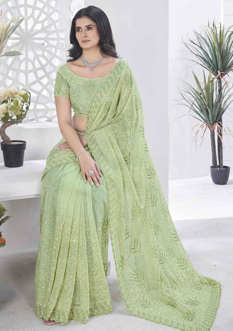 Green Embroidered Net Saree Set - Indya