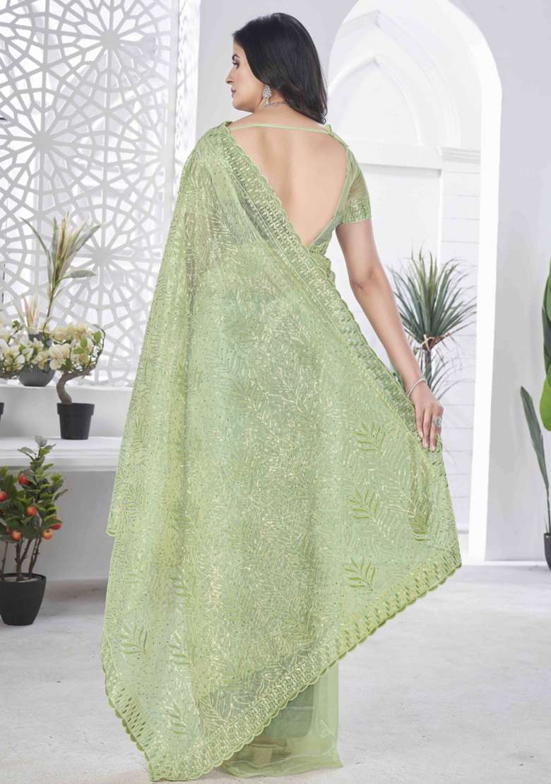 Green Embroidered Net Saree Set - Indya