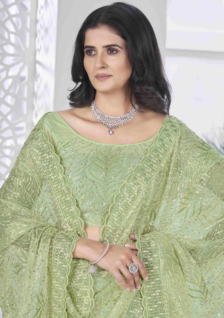 Green Embroidered Net Saree Set - Indya