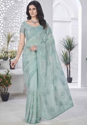 Green Embroidered Net Saree Set