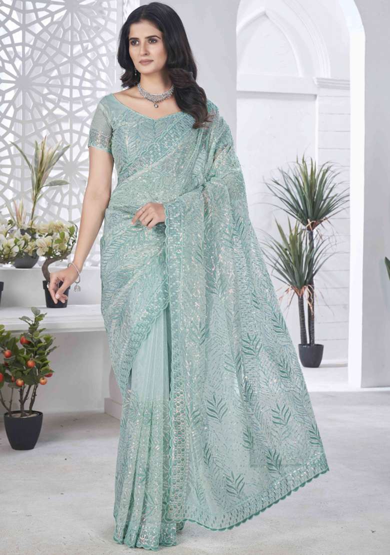 Green Embroidered Net Saree Set - Indya