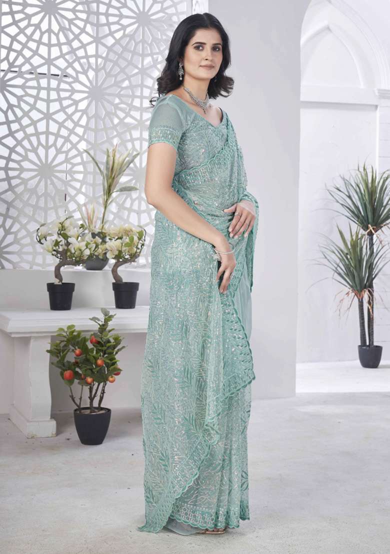 Green Embroidered Net Saree Set - Indya