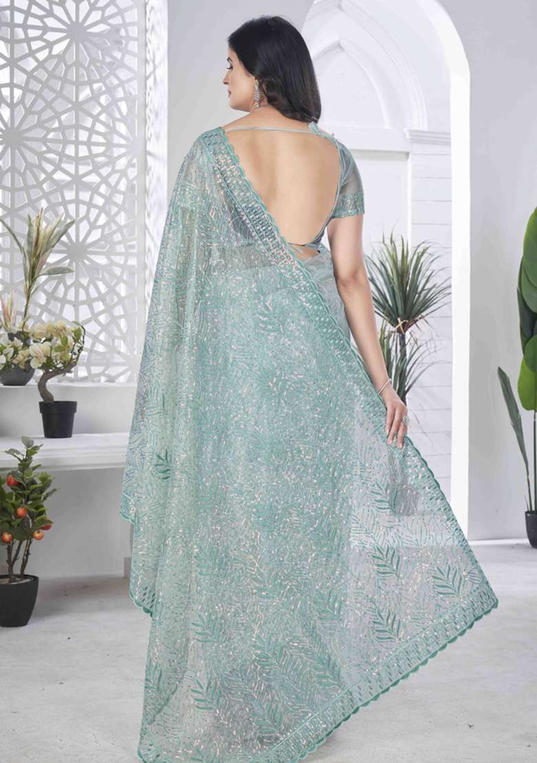 Green Embroidered Net Saree Set - Indya