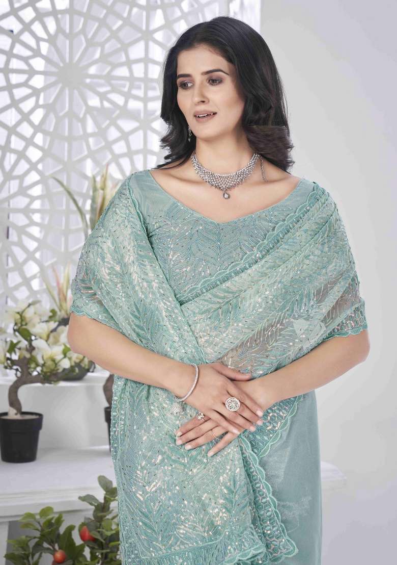 Green Embroidered Net Saree Set - Indya