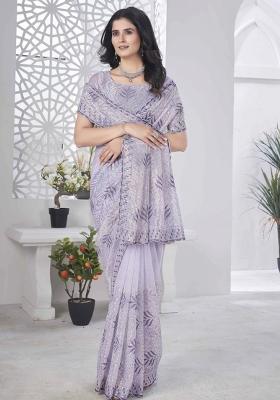 Purple Embroidered Net Saree Set