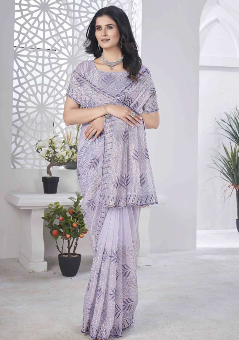 Purple Embroidered Net Saree Set - Indya
