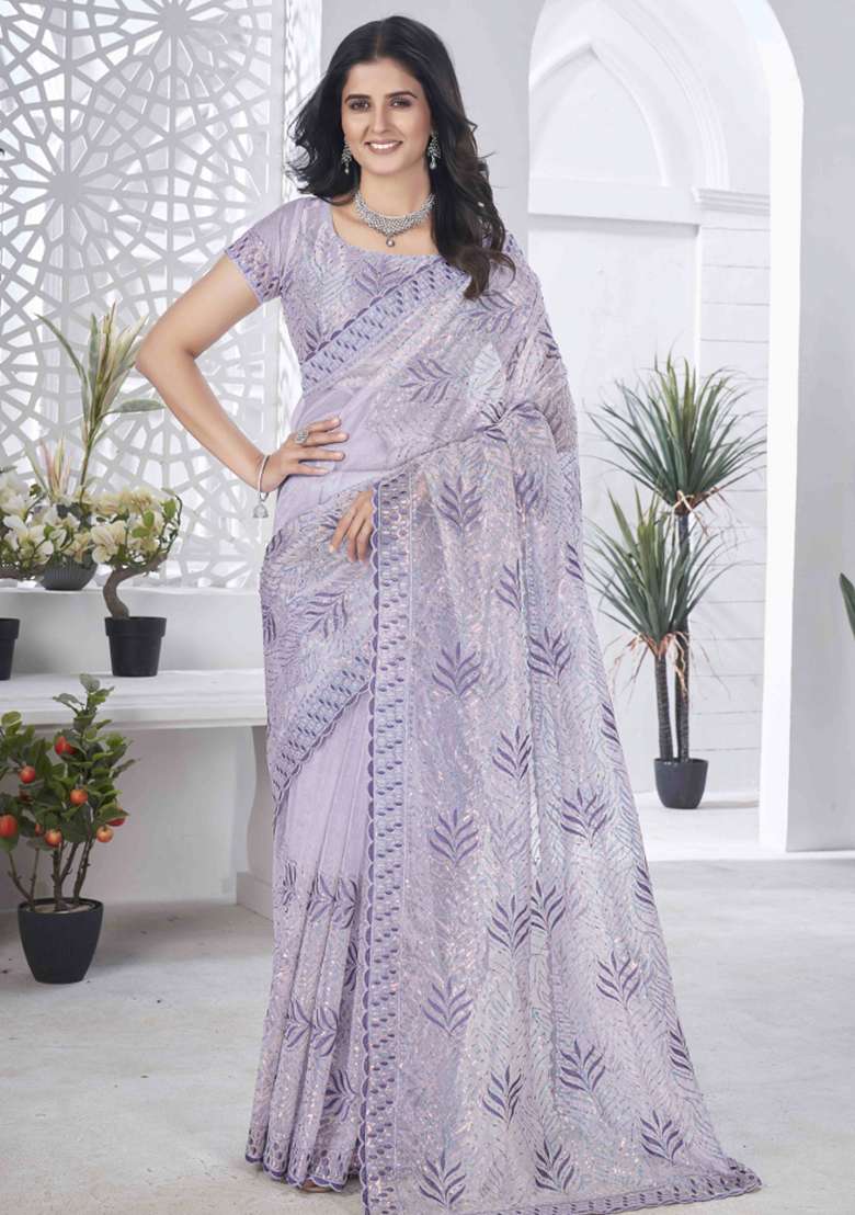 Purple Embroidered Net Saree Set - Indya
