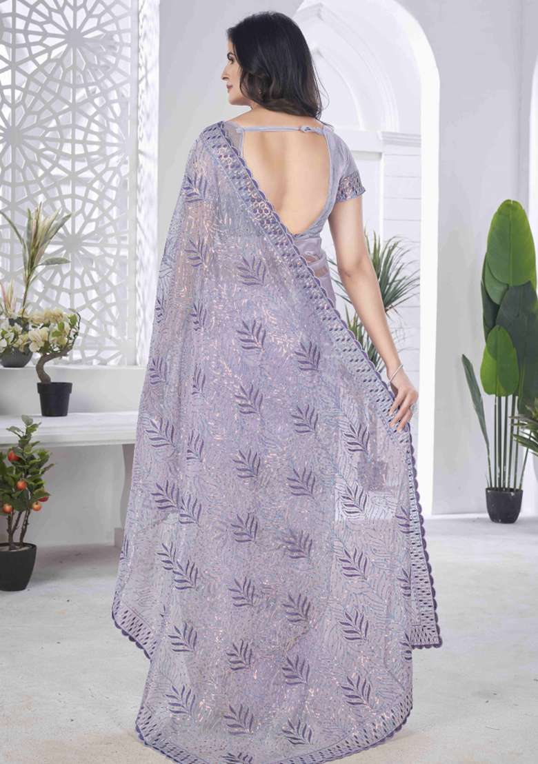 Purple Embroidered Net Saree Set - Indya