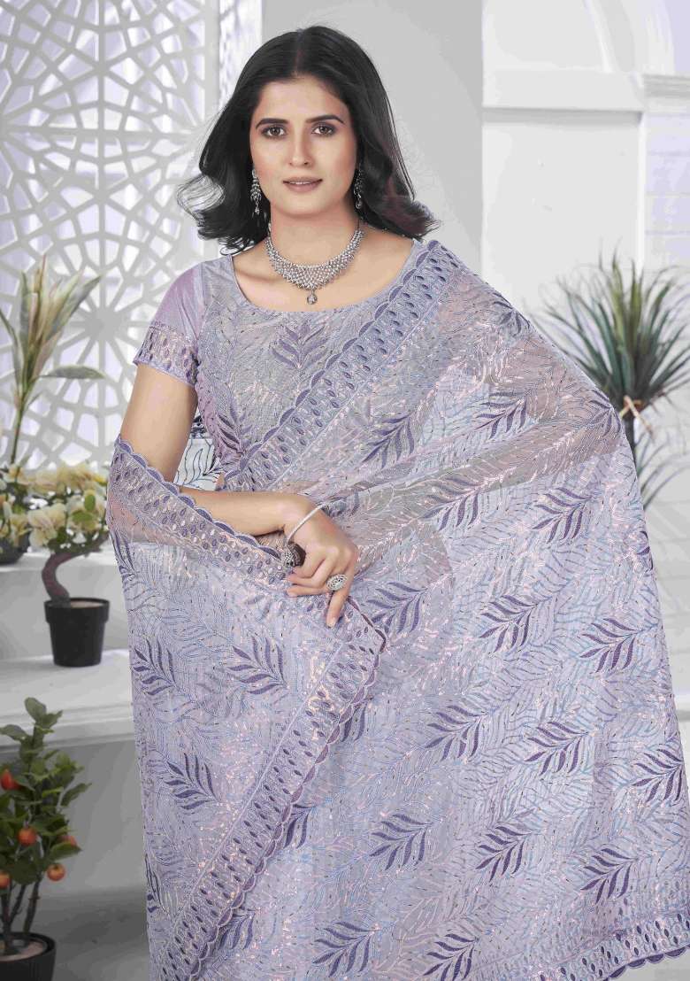 Purple Embroidered Net Saree Set - Indya