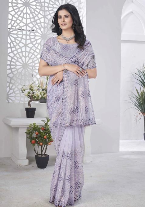 Purple Embroidered Net Saree Set