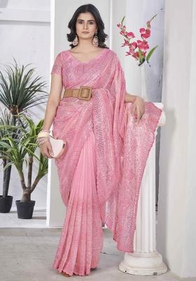 Pink Embroidered Net Saree Set