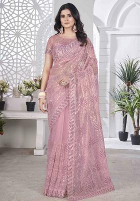 Pink Embroidered Net Saree Set