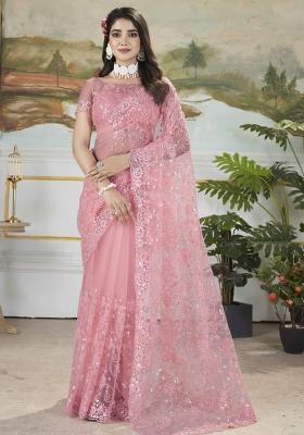Pink Embroidered Net Saree Set