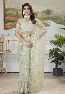 Green Embroidered Net Saree Set