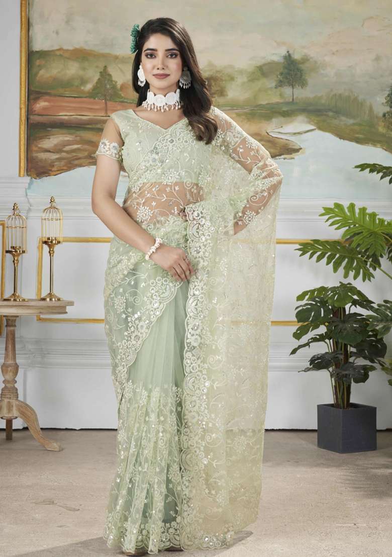 Green Embroidered Net Saree Set - Indya
