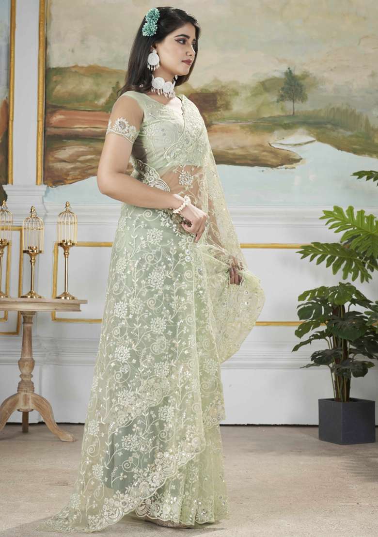 Green Embroidered Net Saree Set - Indya