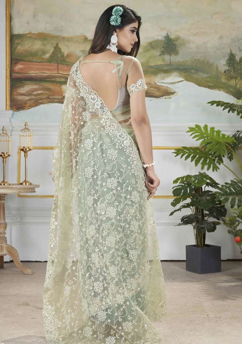 Green Embroidered Net Saree Set - Indya