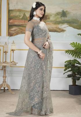 Grey Embroidered Net Saree Set
