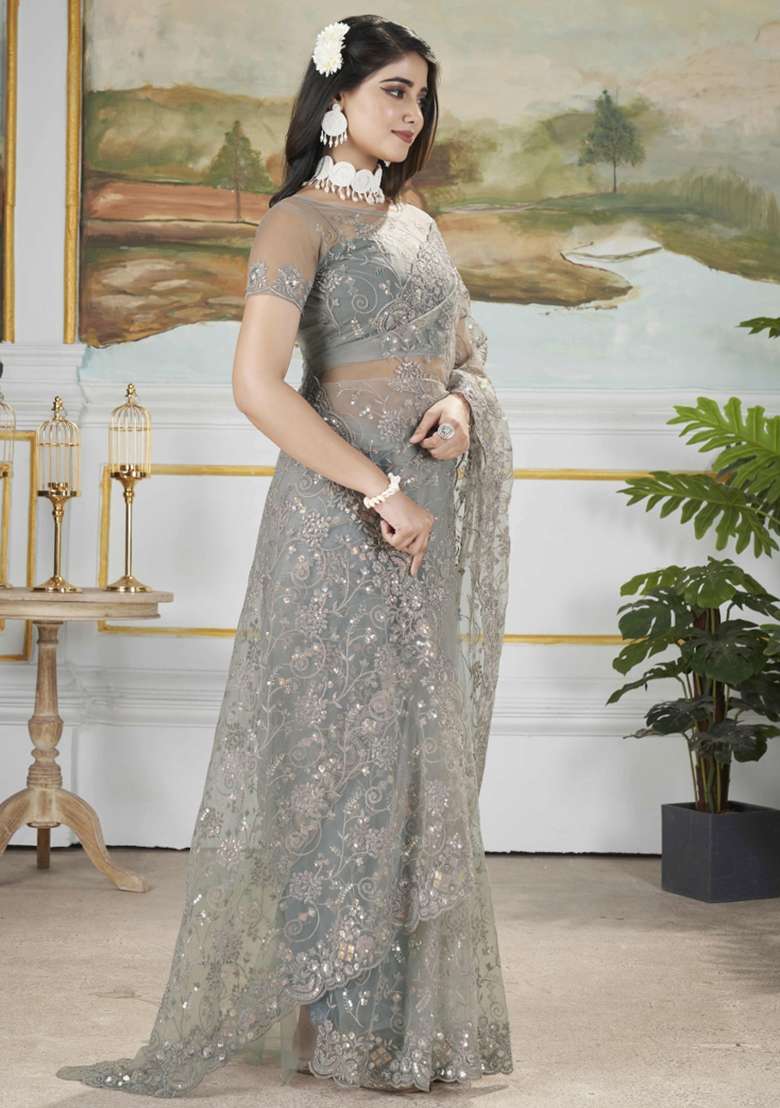 Grey Embroidered Net Saree Set - Indya