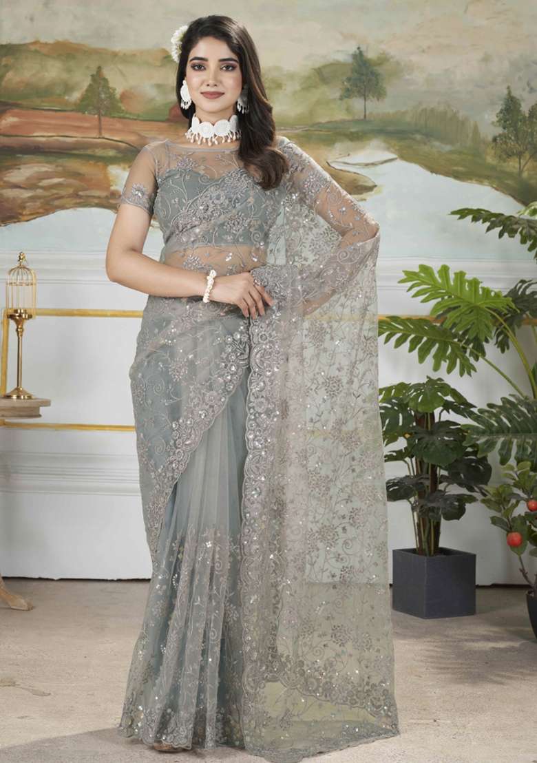 Grey Embroidered Net Saree Set - Indya