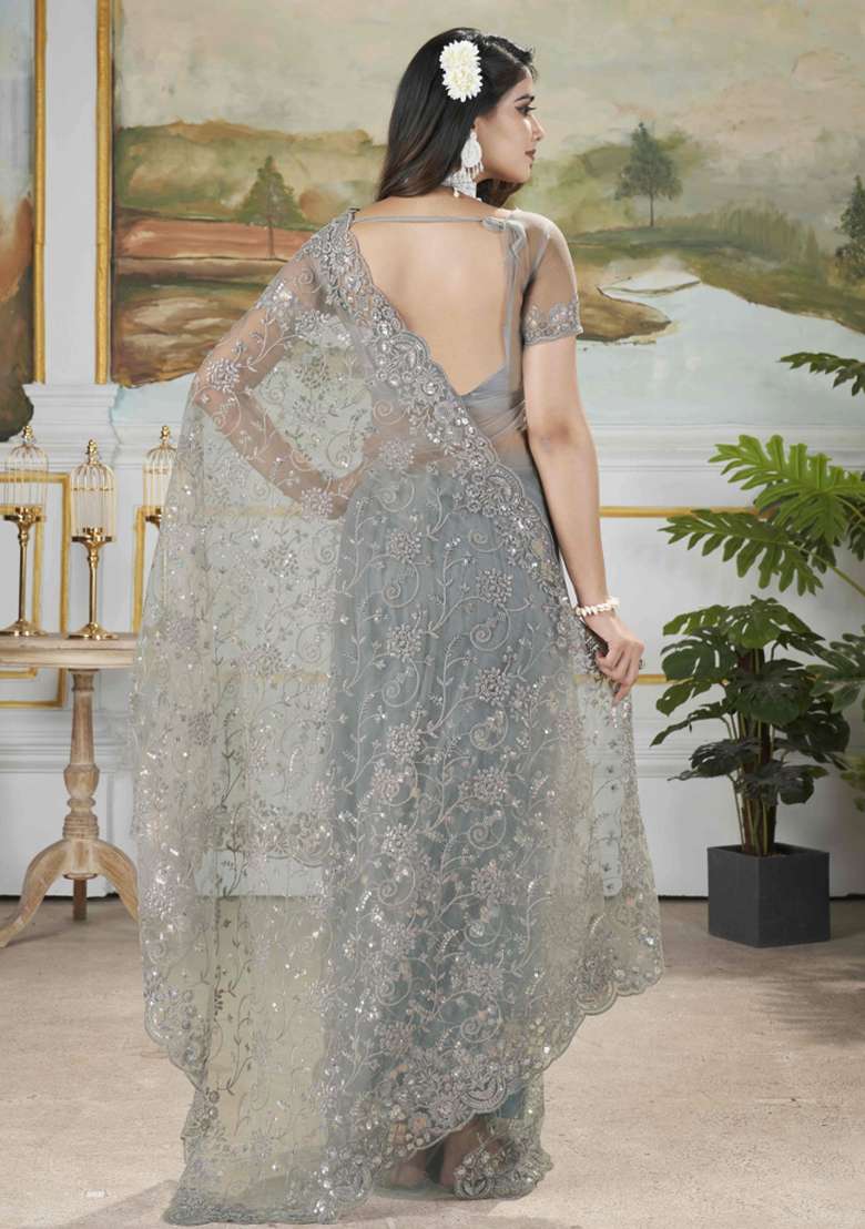 Grey Embroidered Net Saree Set - Indya
