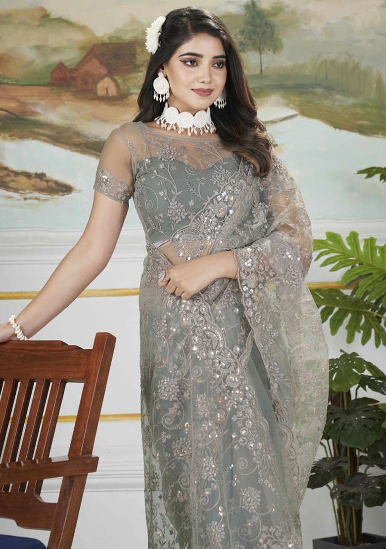 Grey Embroidered Net Saree Set - Indya