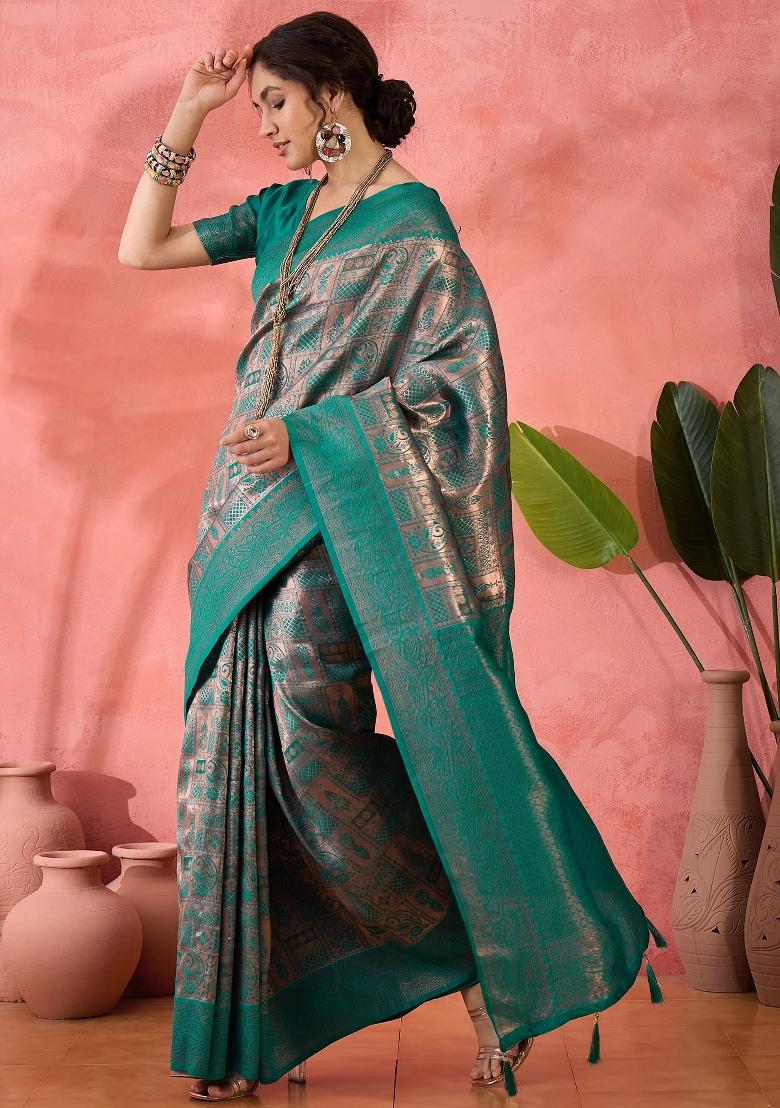 Blue Embroidered Silk Saree Set