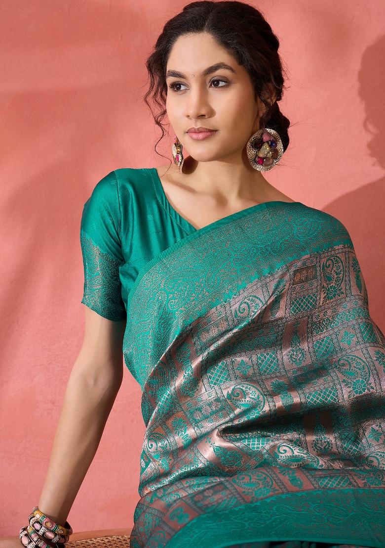 Blue Embroidered Silk Saree Set