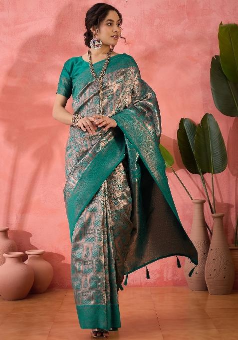 Blue Embroidered Silk Saree Set