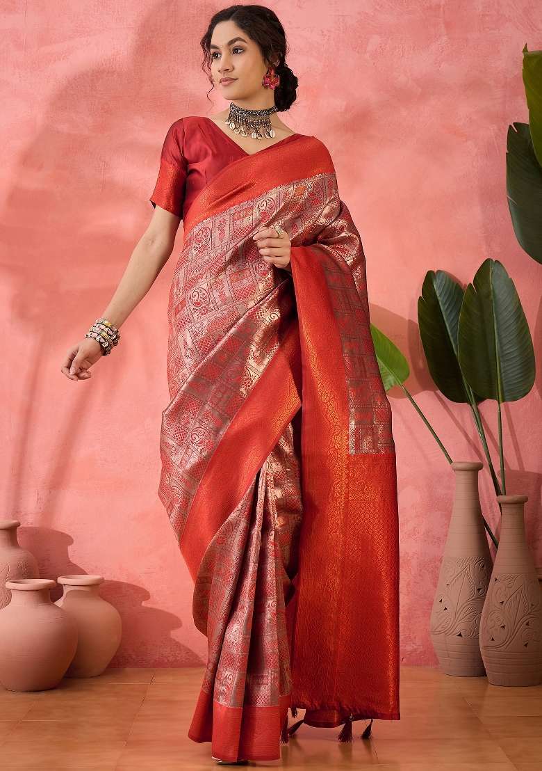 Brown Embroidered Silk Saree Set - Indya