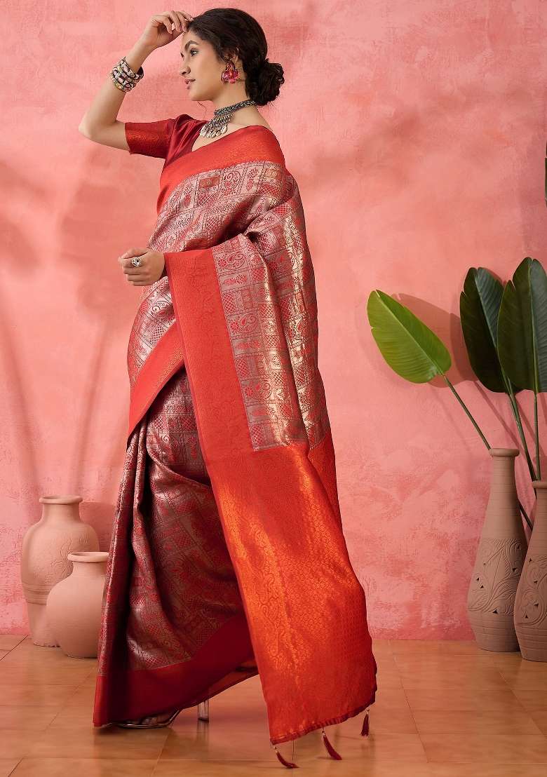 Brown Embroidered Silk Saree Set - Indya