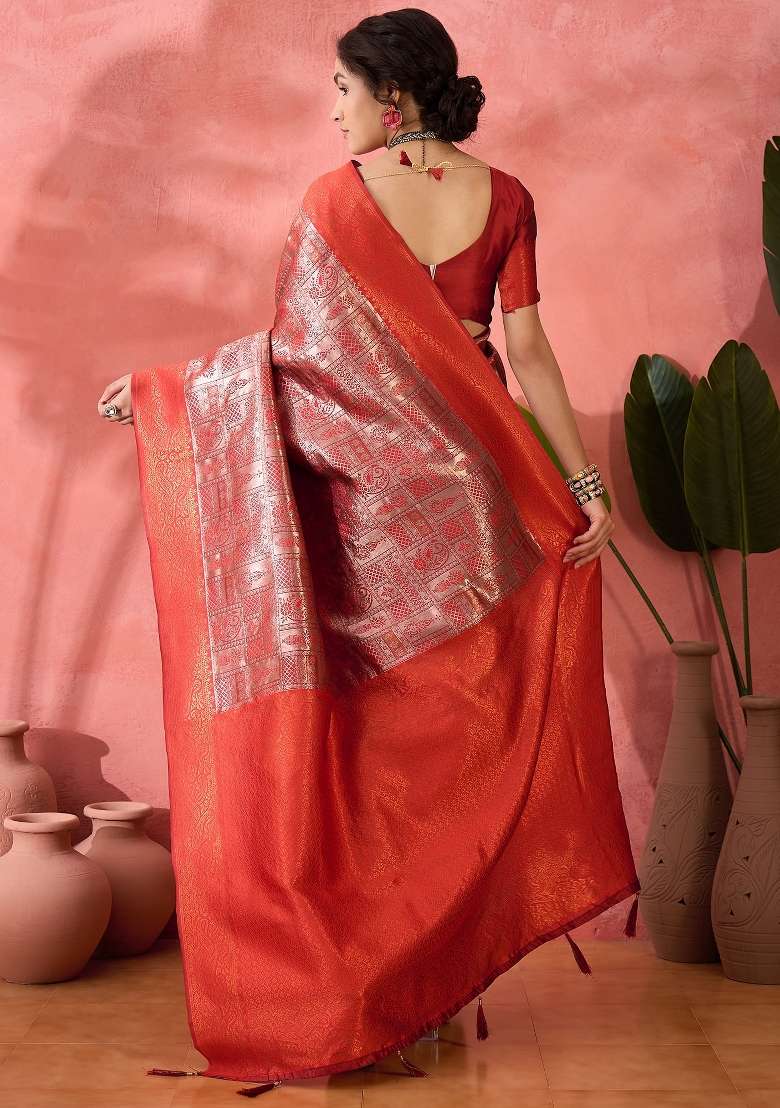 Brown Embroidered Silk Saree Set - Indya