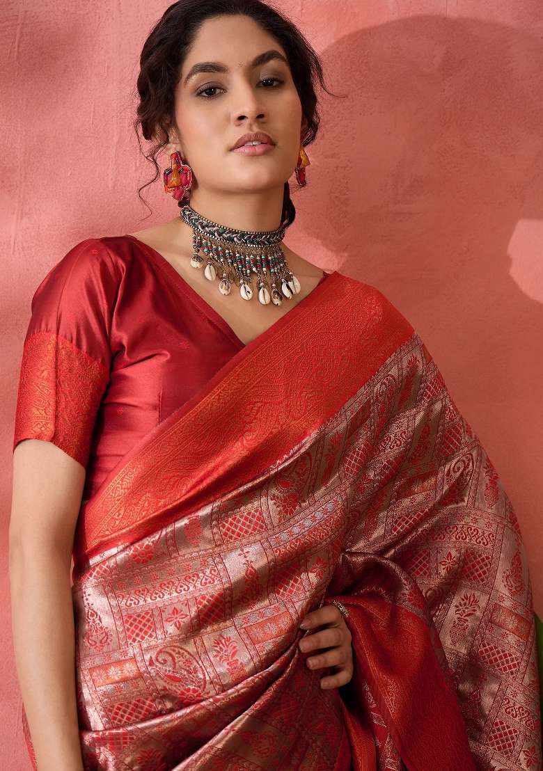 Brown Embroidered Silk Saree Set - Indya