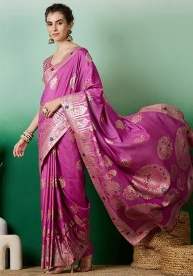 Purple Embroidered Cotton Saree Set