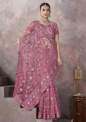 Pink Embroidered Net Saree Set
