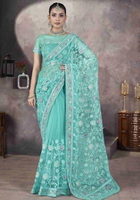 Green Embroidered Net Saree Set