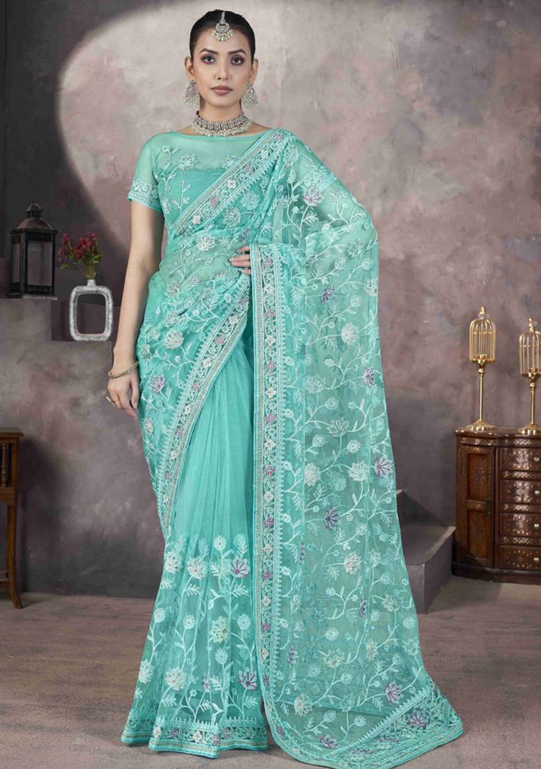 Green Embroidered Net Saree Set - Indya