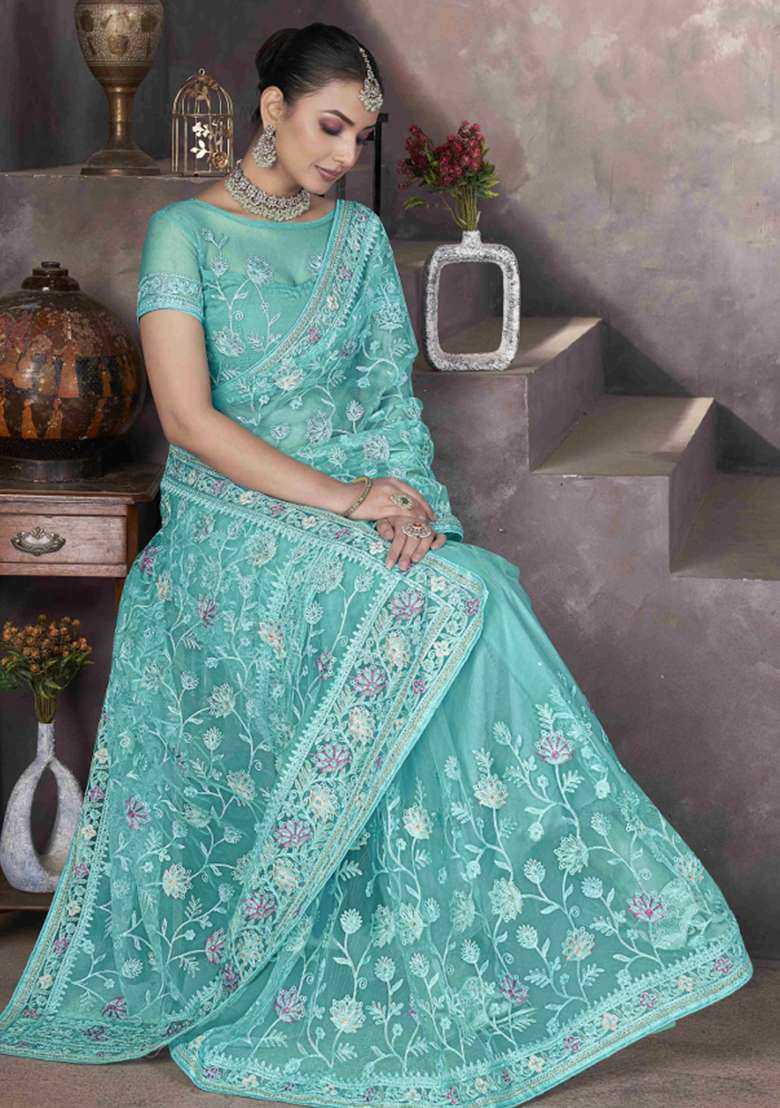 Green Embroidered Net Saree Set - Indya