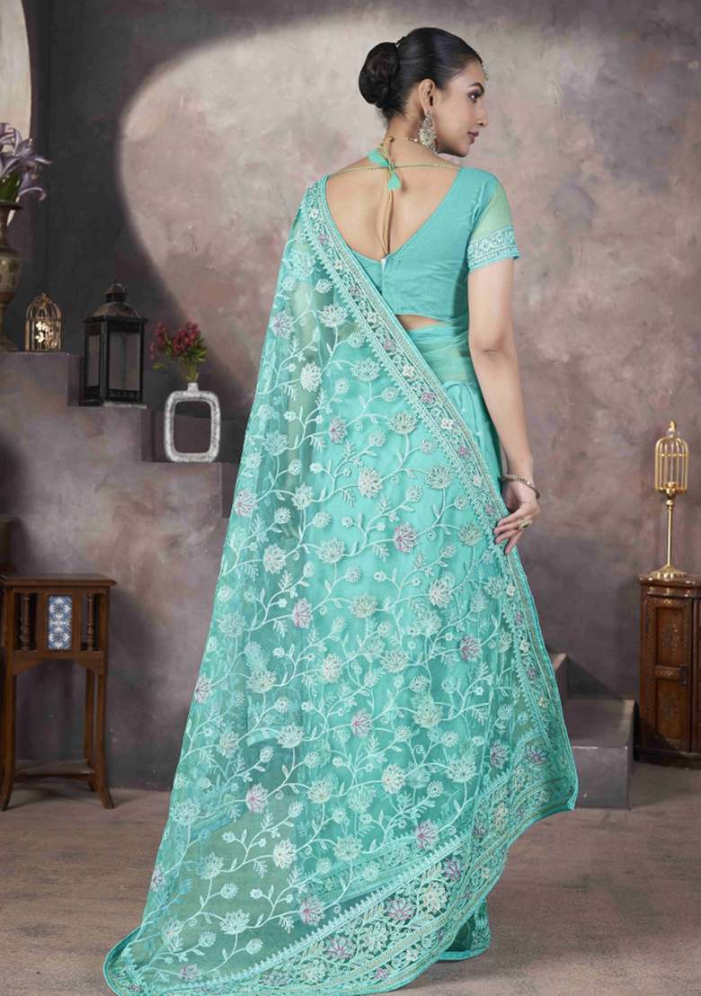 Green Embroidered Net Saree Set - Indya