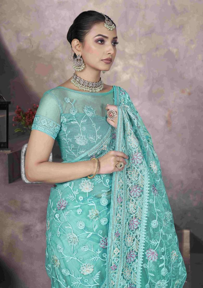 Green Embroidered Net Saree Set - Indya