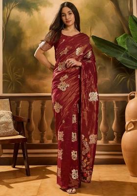 Maroon Embroidered Silk Saree Set