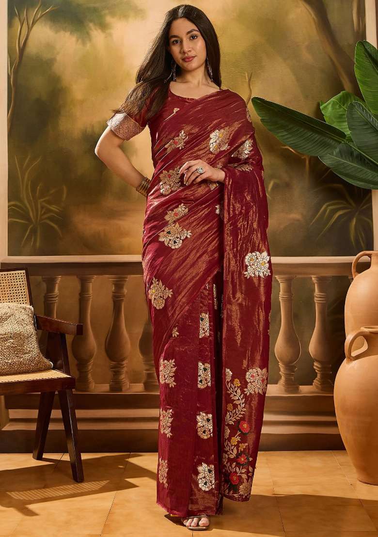 Maroon Embroidered Silk Saree Set - Indya