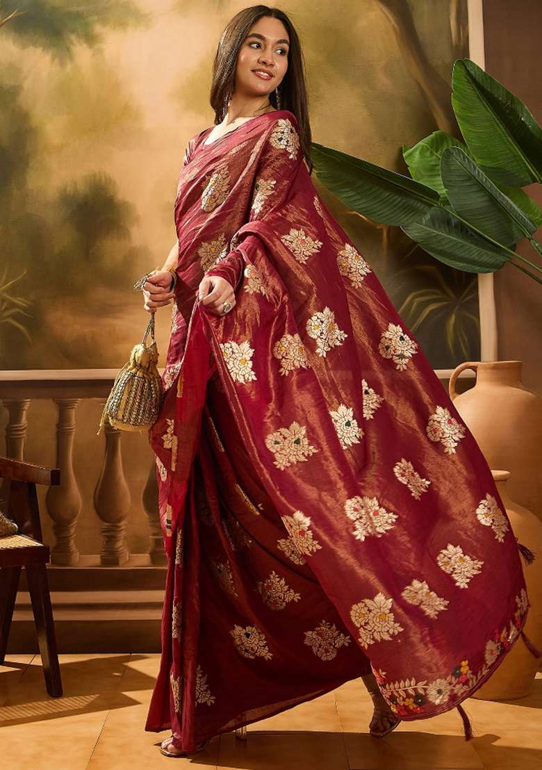Maroon Embroidered Silk Saree Set - Indya