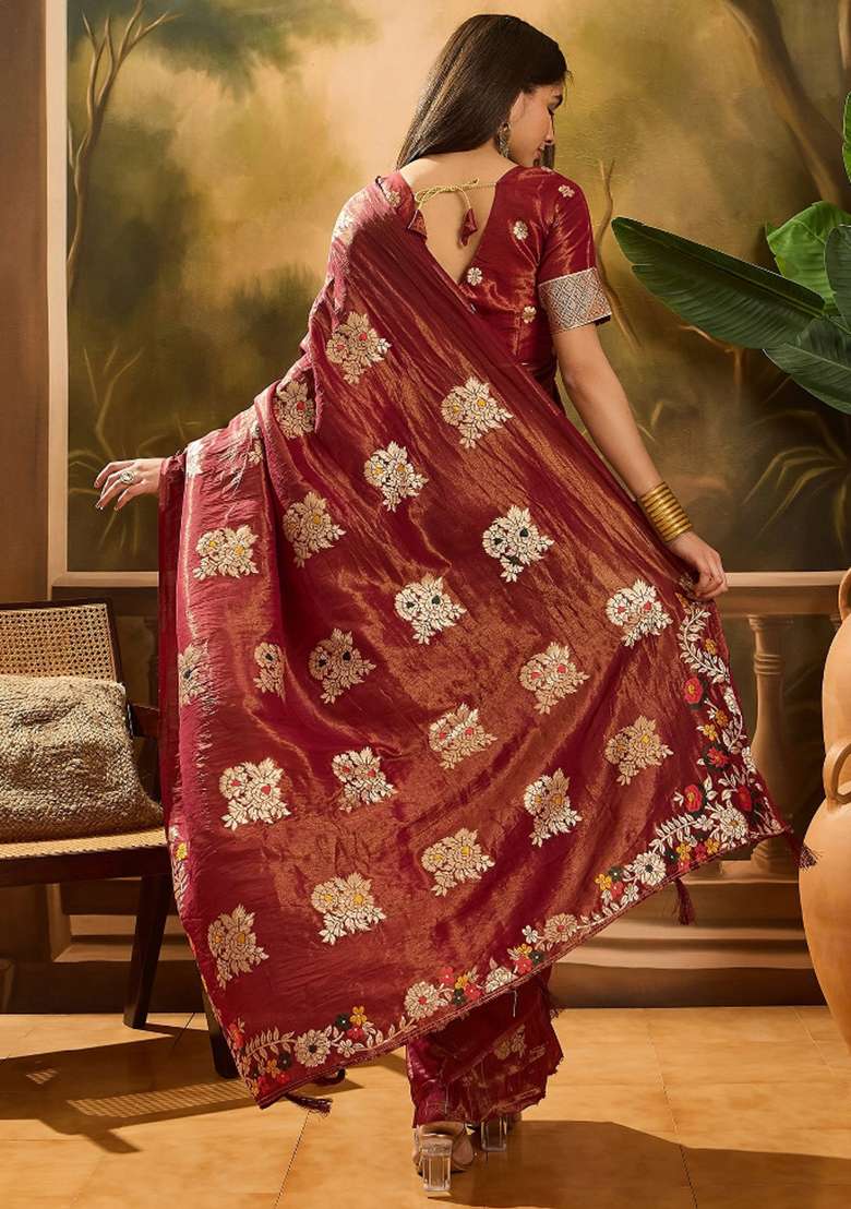 Maroon Embroidered Silk Saree Set - Indya