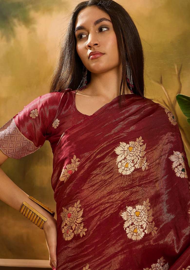 Maroon Embroidered Silk Saree Set - Indya