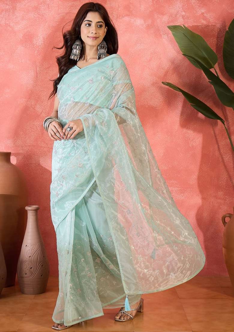 Green Embroidered Net Saree Set - Indya