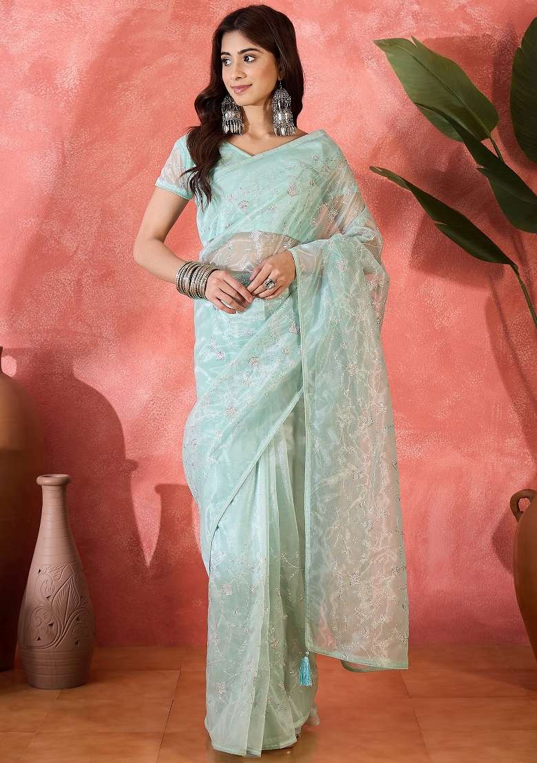 Green Embroidered Net Saree Set - Indya